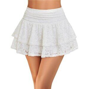 Womens Lace Pleated Mini Skirt High Waist Ruffle Flowy Clubwear Short Skirt